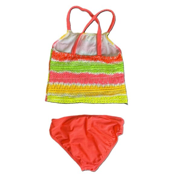 OP Girl's 2-Piece Crochet Top Cross-Back Pink Striped Bikini, Size XS (4-5) - Picture 2 of 3